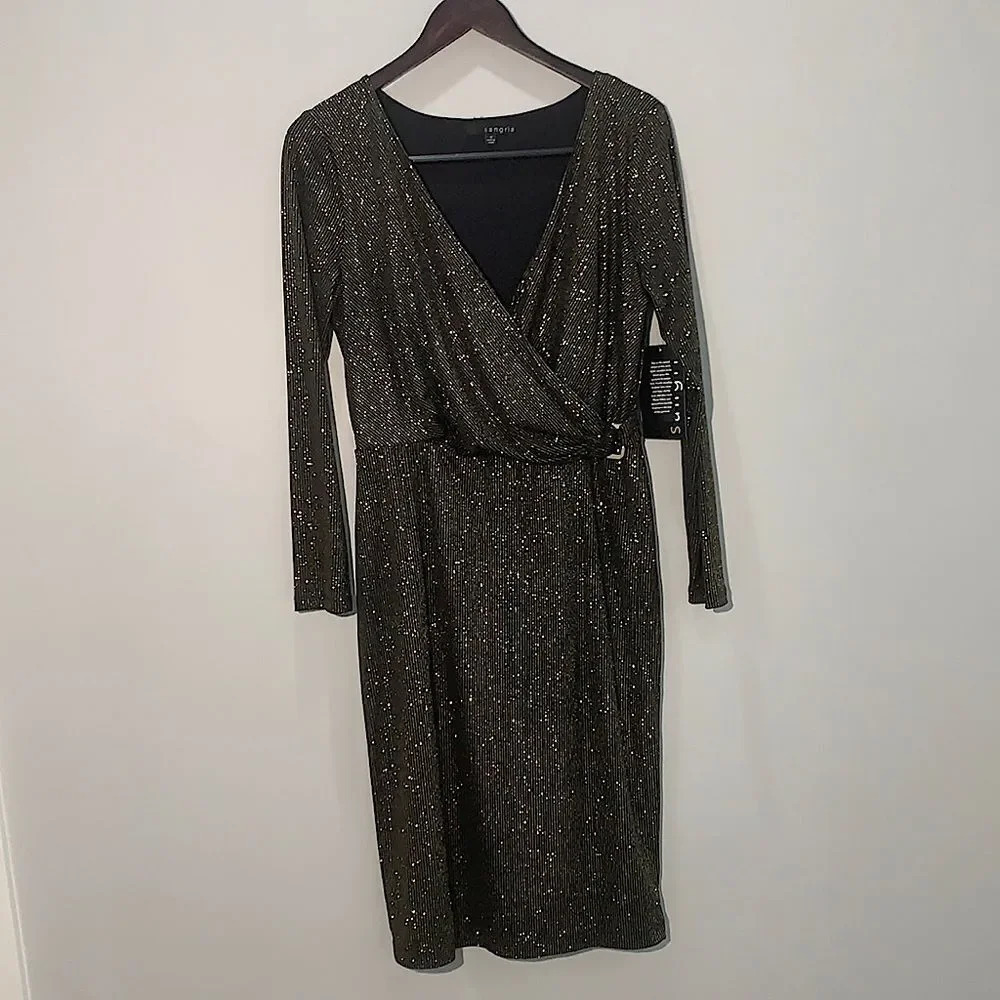 NWT SANGRIA long sleeve black dress with gold shimmer size 10 knee length.